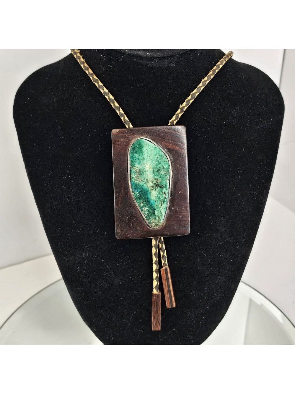 Navajo Bolo Tie Turquoise Sterling Silver And Wood W/ Large Stone *Chip In Wood*
